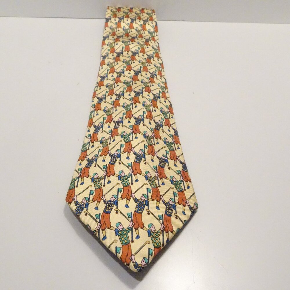 Liberty of London Vintage Golfer Tie Yellow Green Brown Sports Made in England